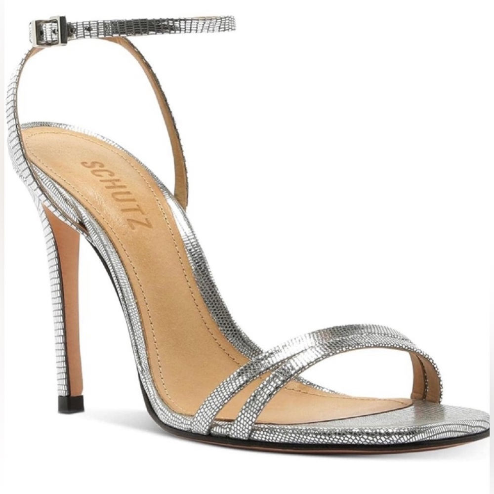 SCHUTZ Altina ankle strap heeled embossed metallic silver sandals shoes